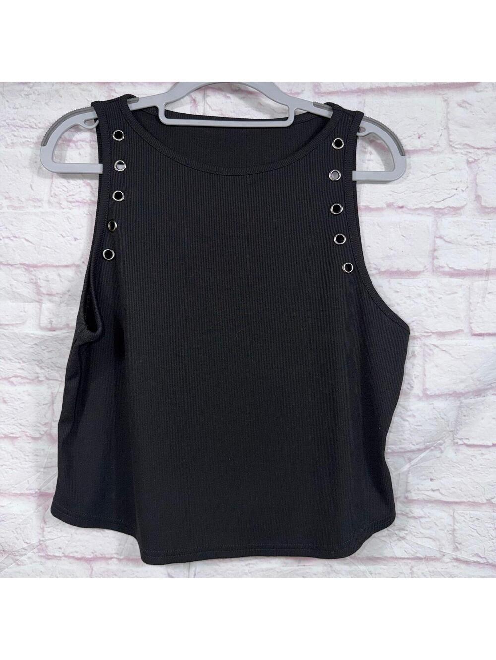 Black Sleeveless Tank Top with Metal Eyelet Detailing - Picture 1 of 5